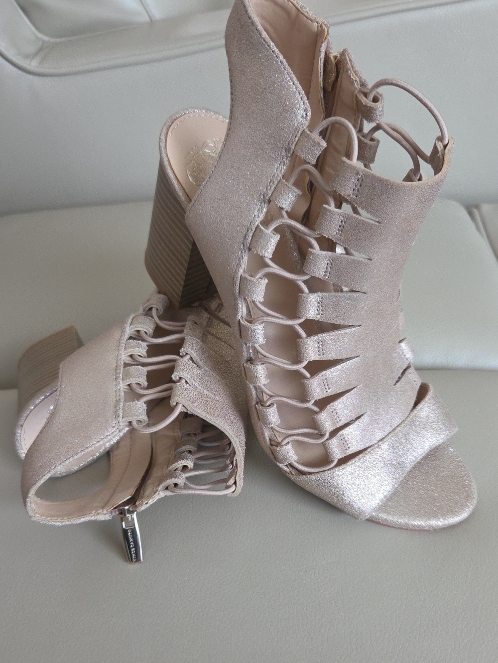 Vince Camuto Metallic Champagne Strappy Block Heel Sandals